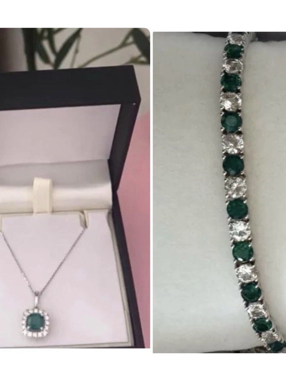 Emerald Green Halo Pendant Necklace and Tennis Bracelet Set MSRP $1000